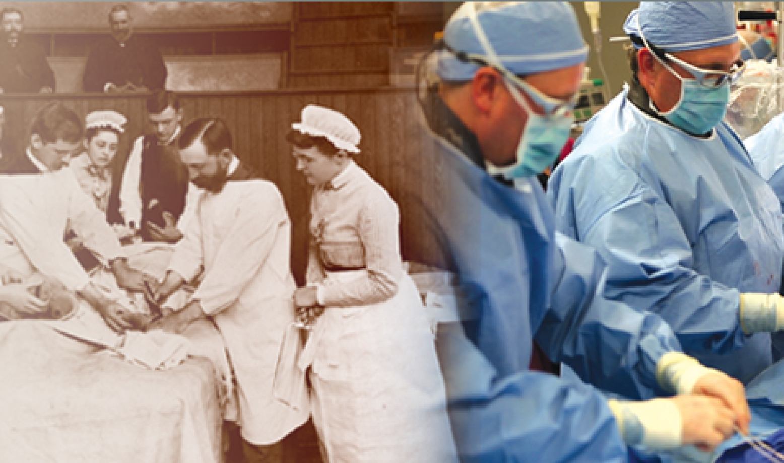 Collage of older medical photos and current doctors working on a patient
