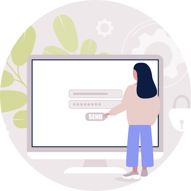 Illustrated female looking at computer screen sign in window