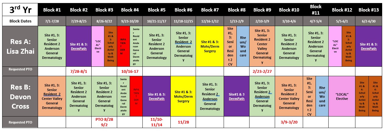 Derm 2025 3rd Year Rotation Blocks