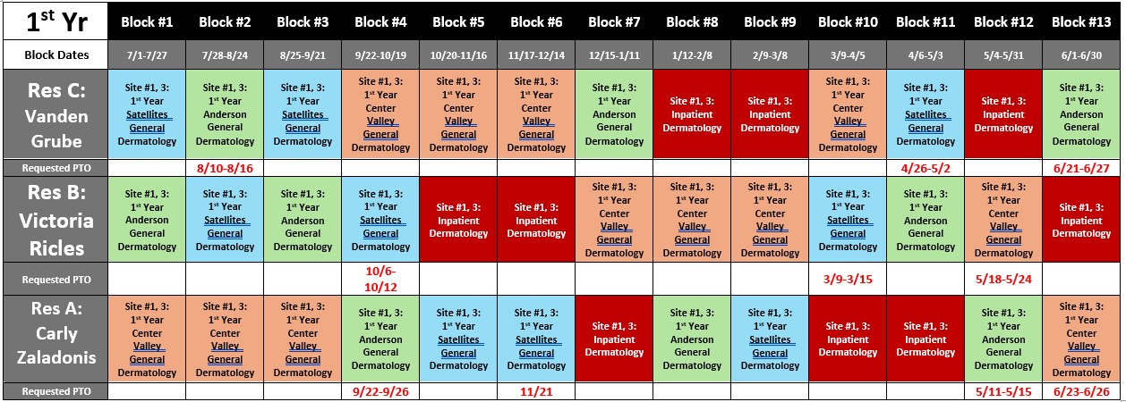 Derm 2025 First Year Rotation Blocks