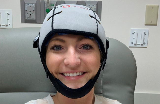 Johnson wearing the Paxman Cold Cap during her treatment at St. Luke’s Quakertown Campus