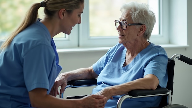 Provider with senior woman in wheelchair