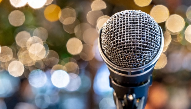 Microphone on stand under twinkling lights