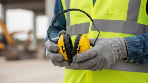 Construction worker holding pair of headphones
