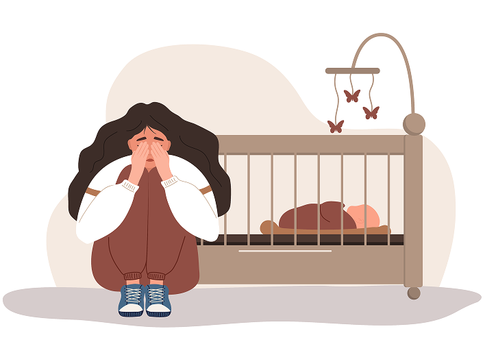Illustration of mother struggling with postpartum