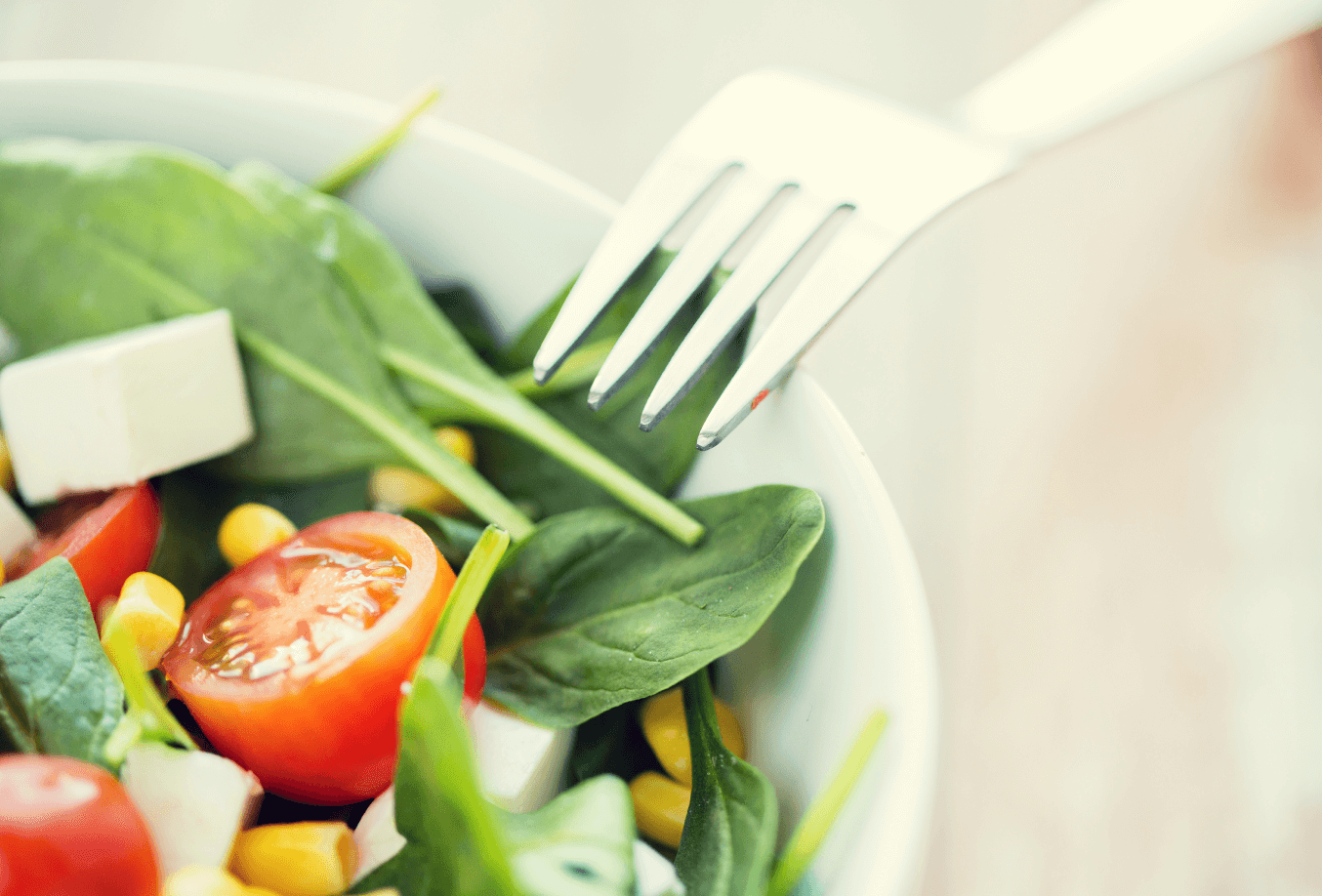 Fork leaning on a bowl of salad