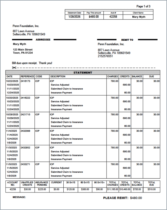 Penn Foundation Billing Statement