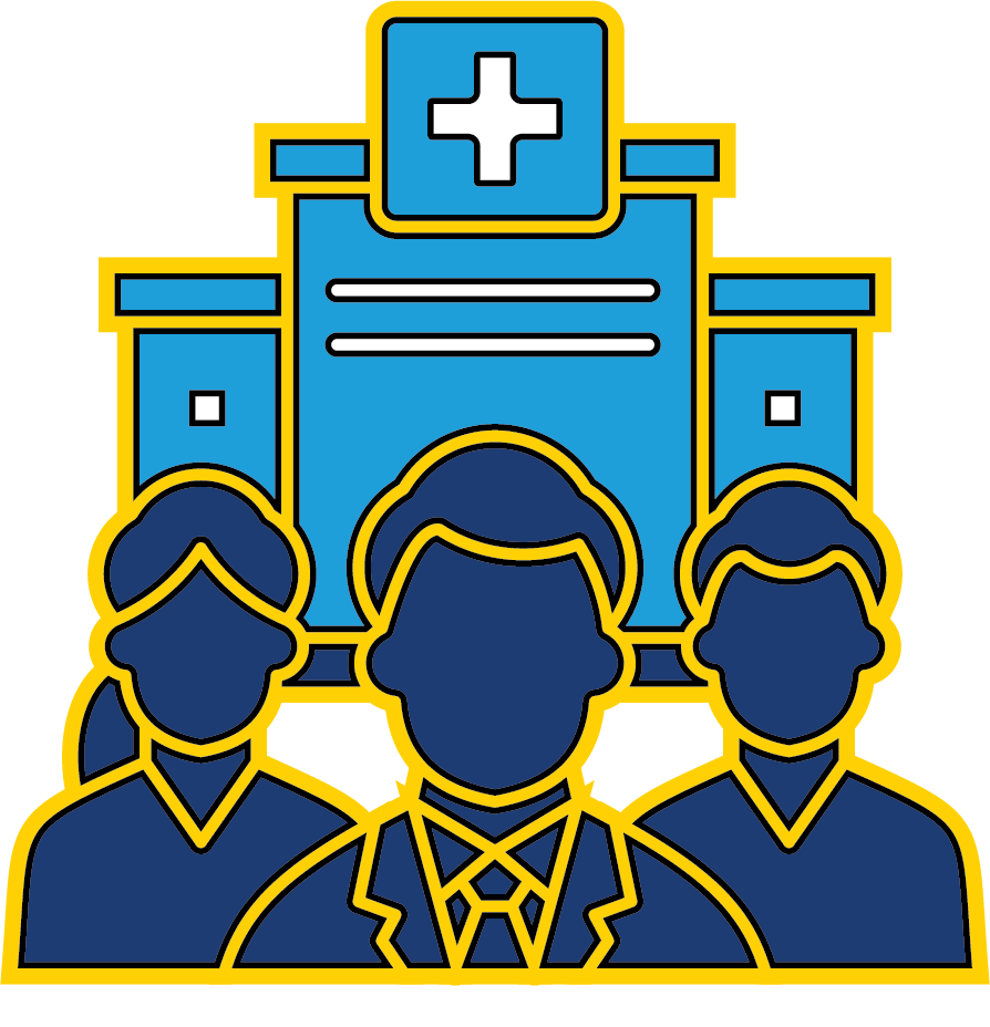 Three individuals in front of a hospital