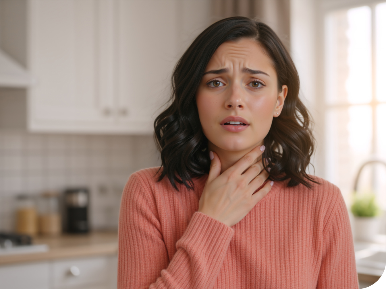Woman holding her throat with concern