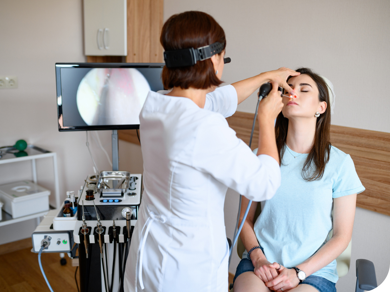 Medical professional looking into patient's nose