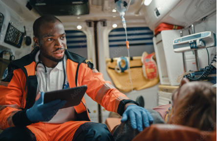Emergency service personnel inside an ambulance