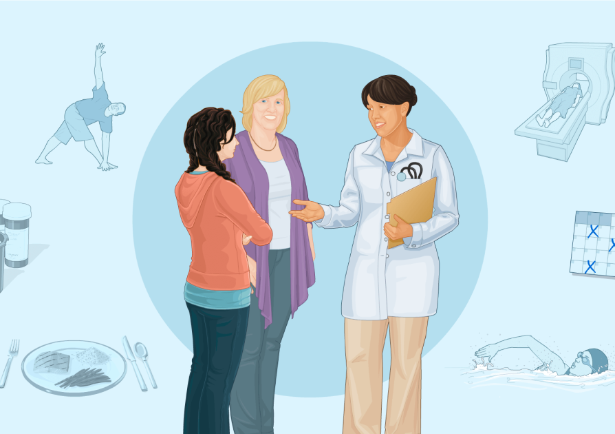two patients talking with a doctor