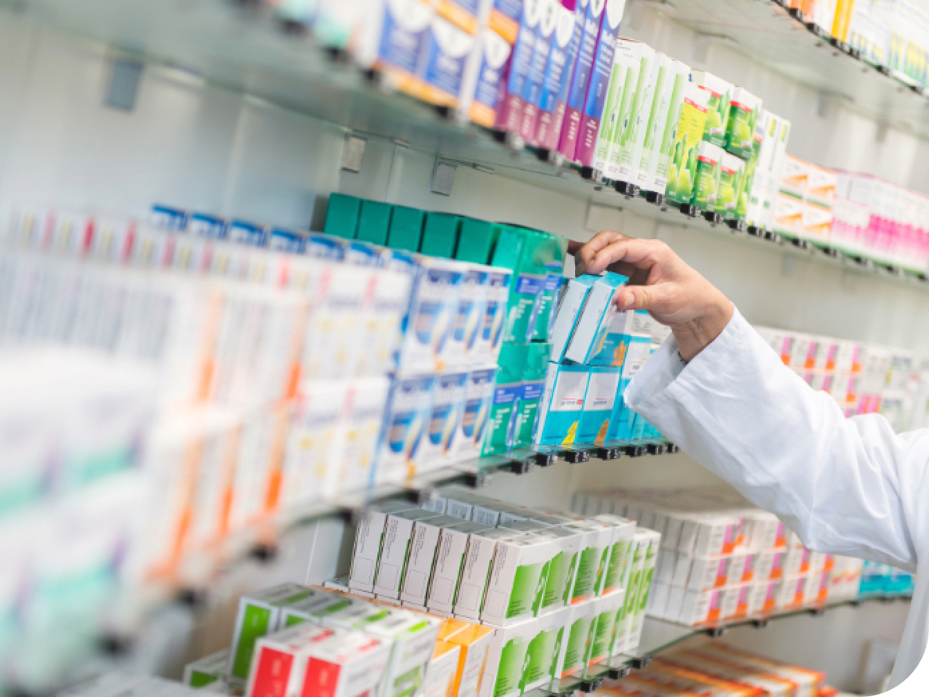 Well stocked pharmacy shelves