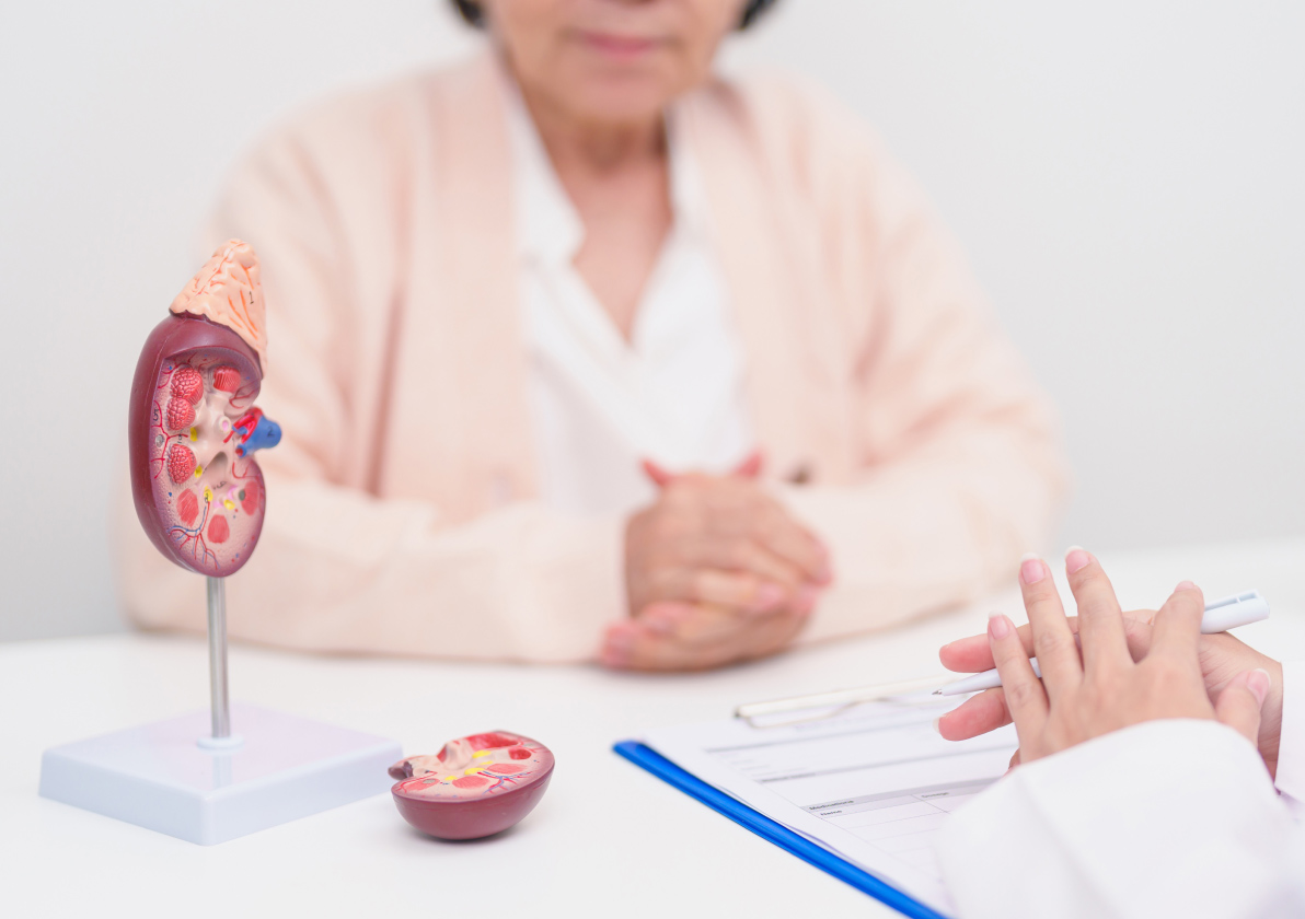 Medical Professional discussing a kidney display