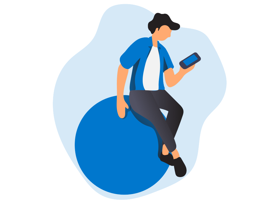 Graphic of individual sitting on a ball, looking at a mobile device
