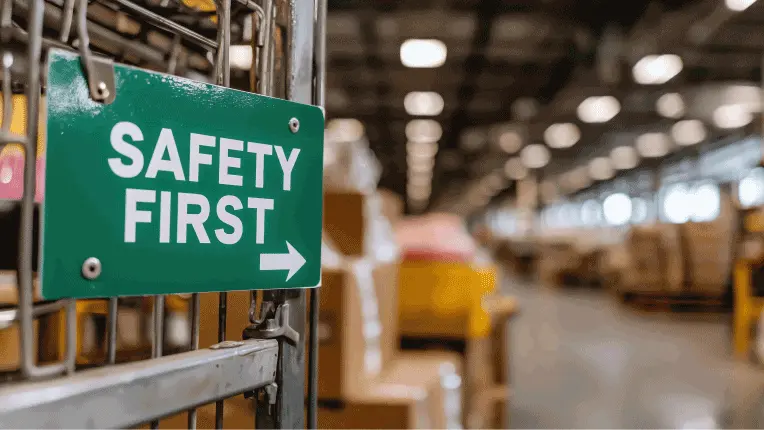 Safety first sign entering a warehouse