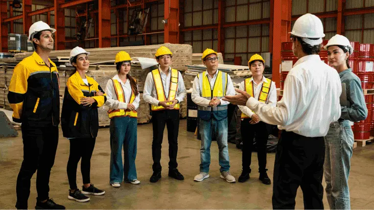 Group of workers having a job site meeting