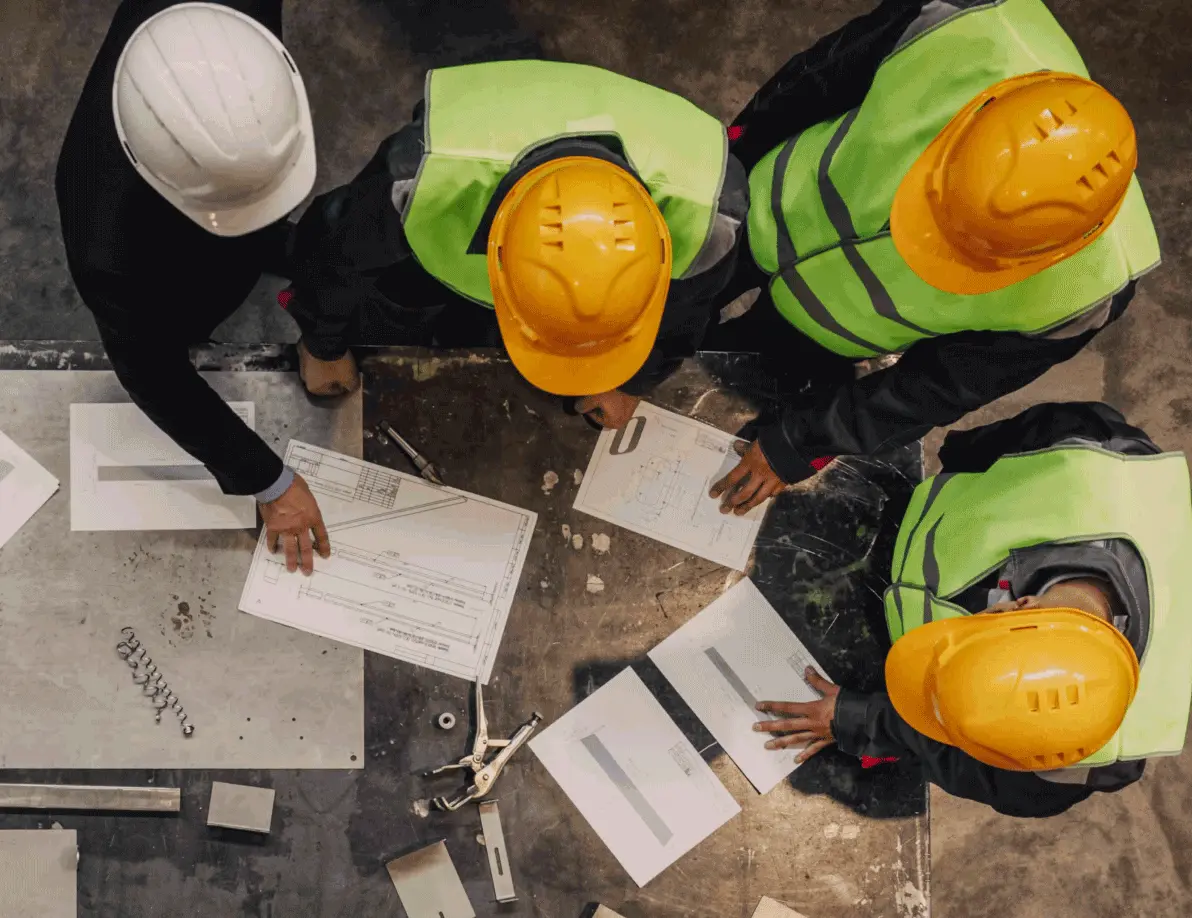 Group of construction workers discussing job site plans