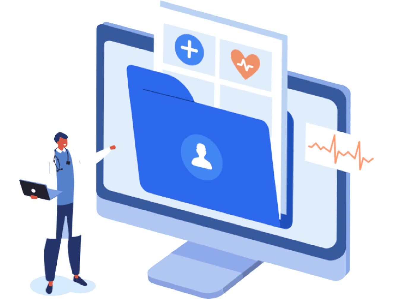 Illustrated graphic of doctor next to computer screen