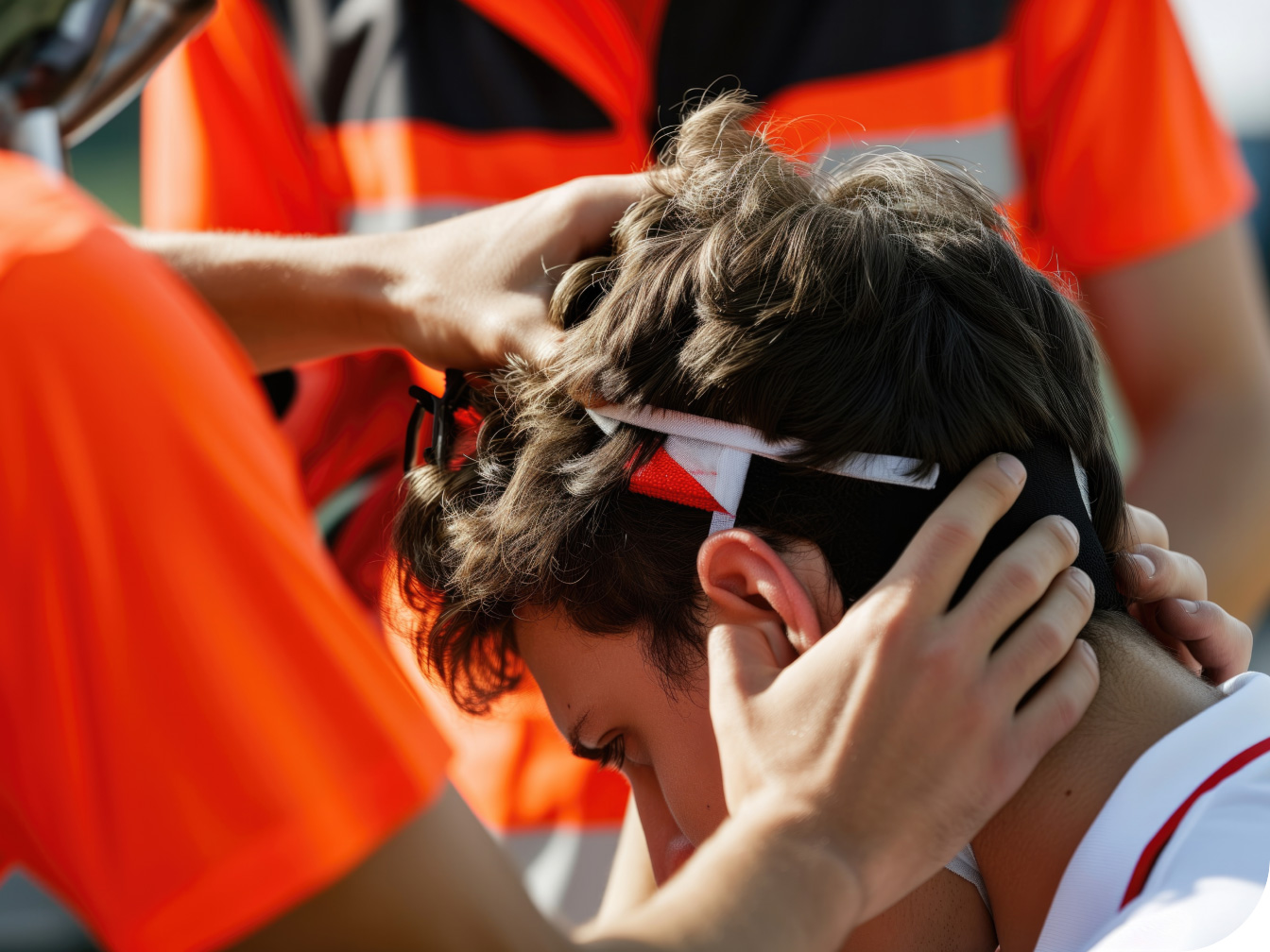 Medical professional assisting athlete with their head