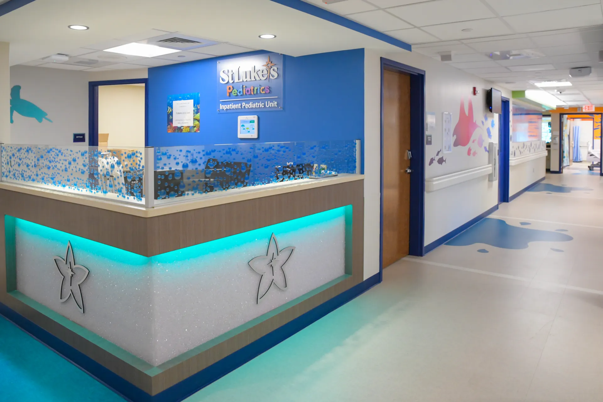 Front desk and hallway of St. Luke's hospital pediatric unit 