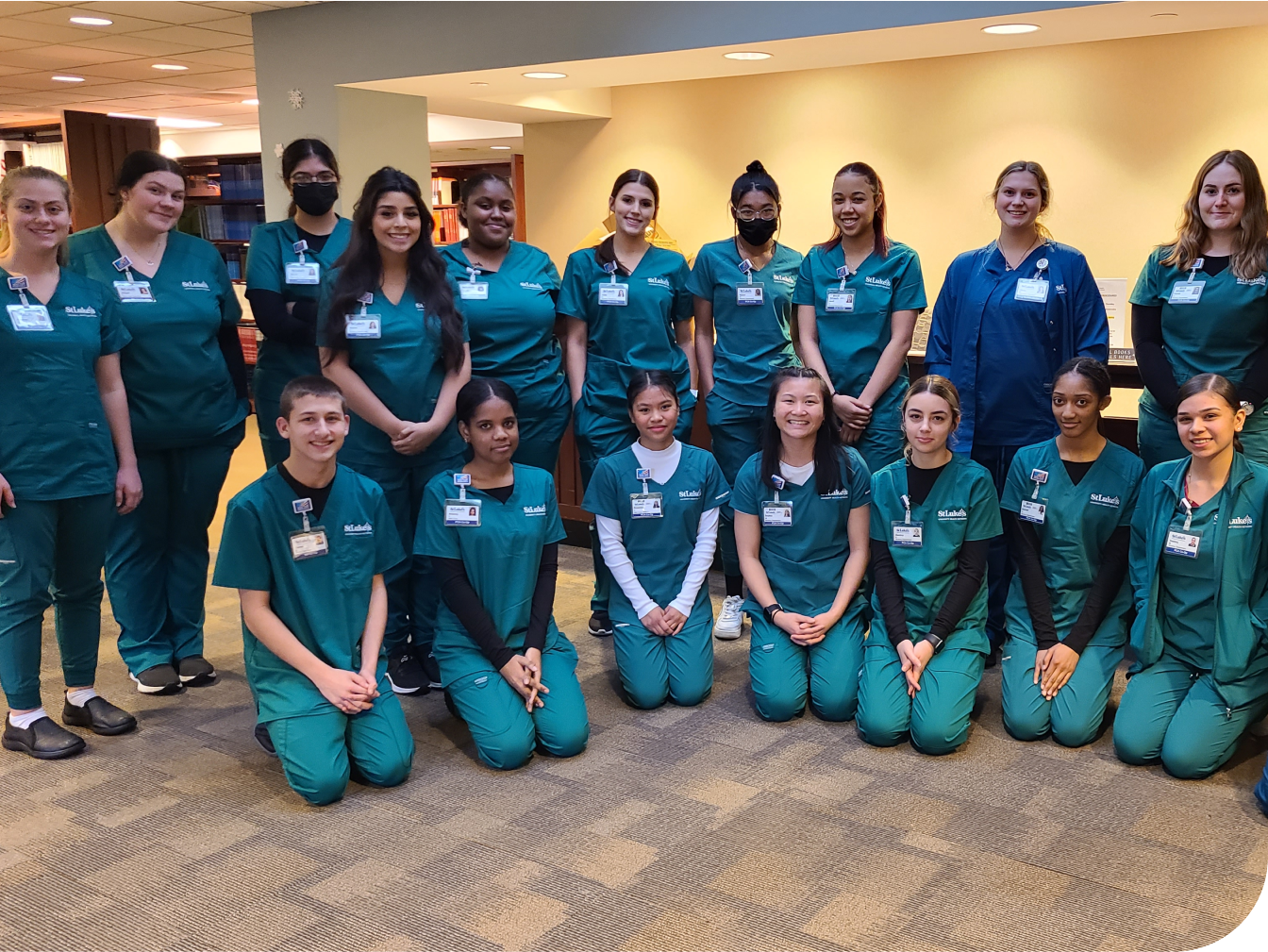 Student volunteer group in medical scrubs