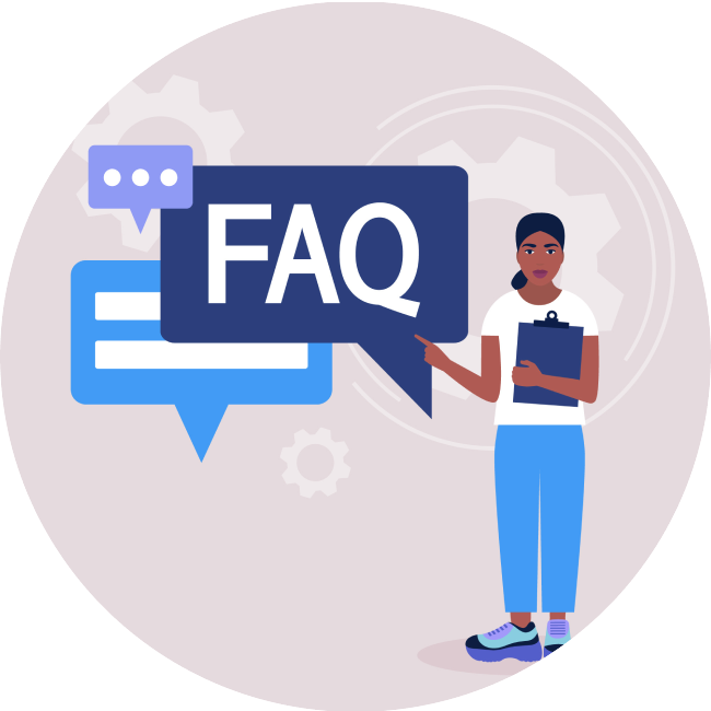 Illustrated female pointing to FAQ speech bubbles
