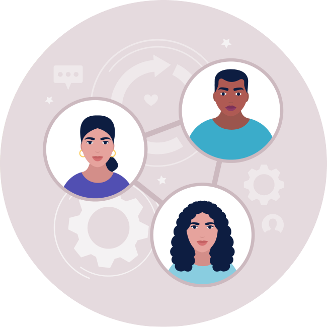 Three illustrated individuals in a connection diagram 