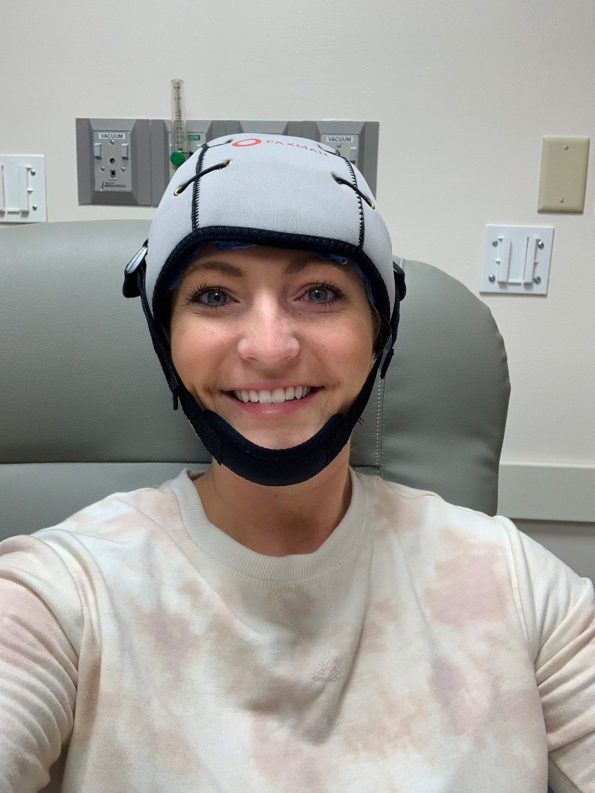 Tiffany Johnson wearing the Paxman Cold Cap during her treatment at St. Luke’s Quakertown Campus