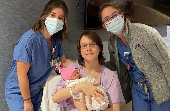 Pictured with Baby Hayduk, Kait Burley, RN, mom Jenna and Samantha Leite, MD
